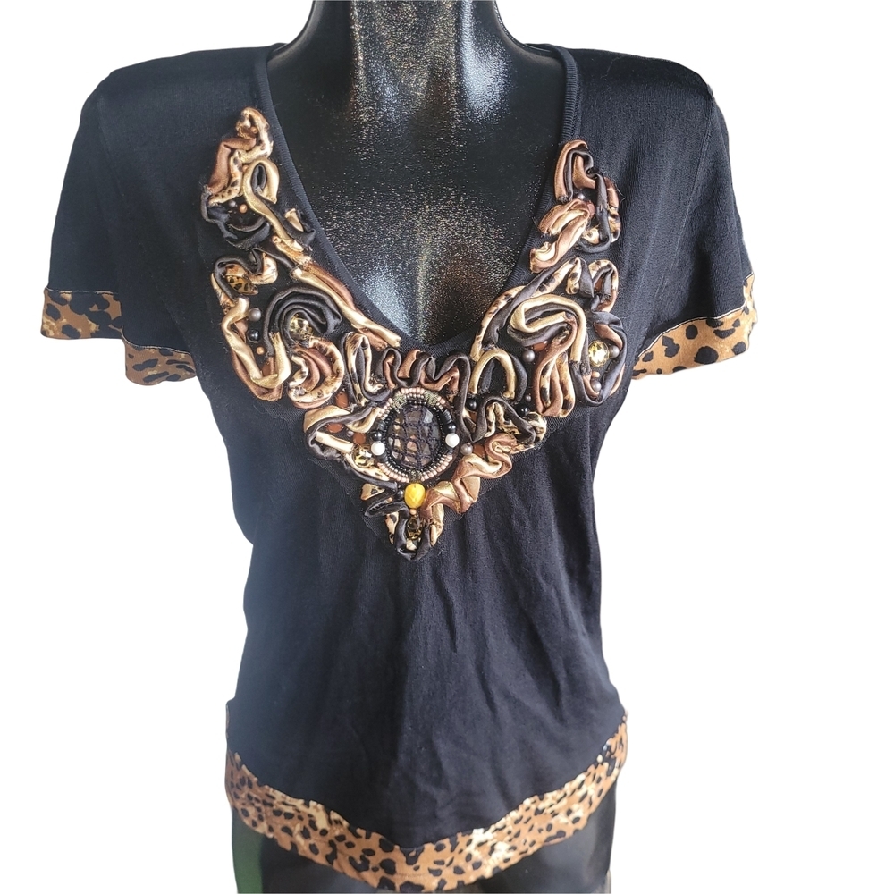 Motive Black Top with Leopard Print Trim and Embellished Front M